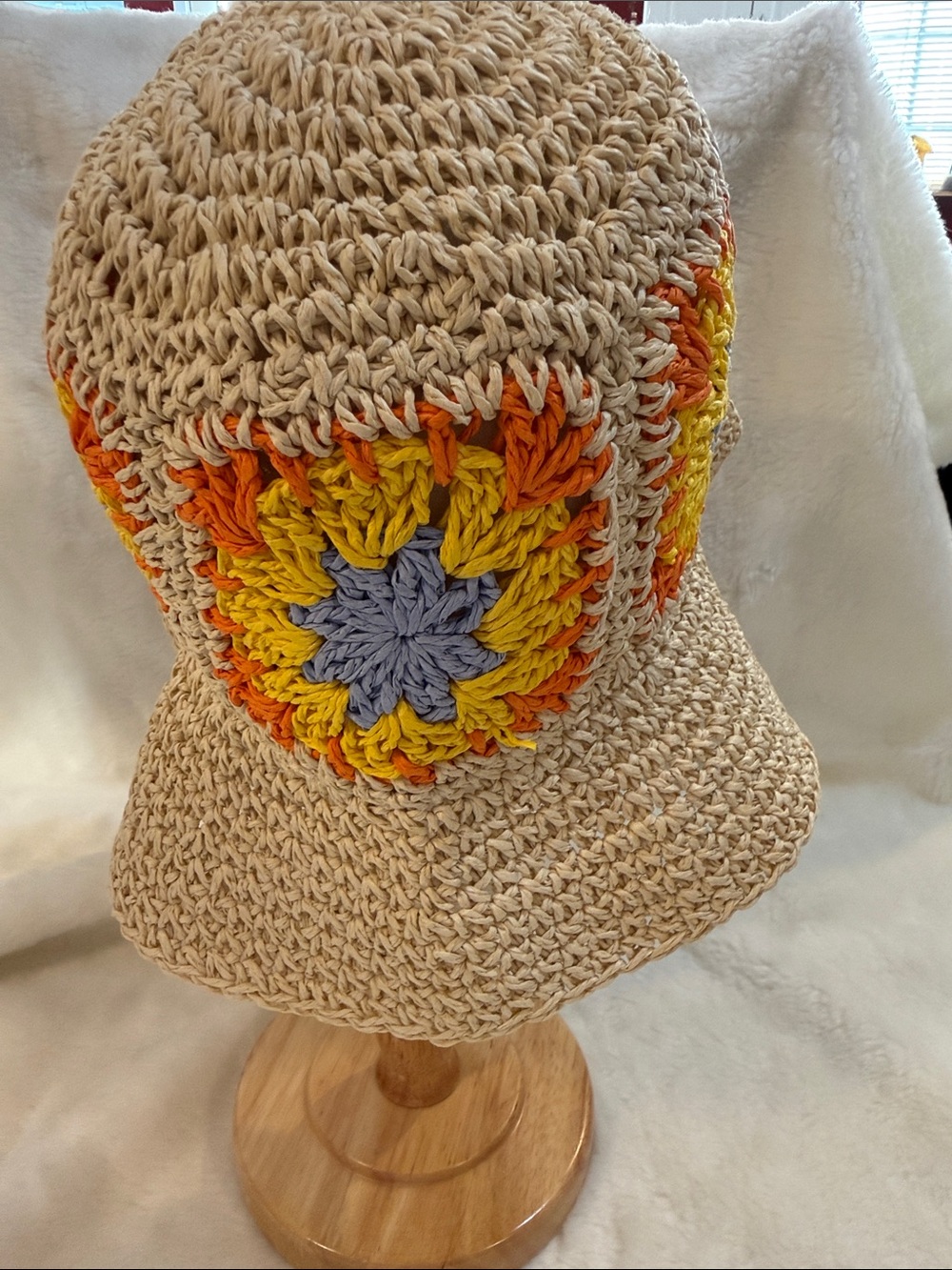 2 Chic Crochet Straw Sun Hat Boho Floral Granny Square Beach Hat Adjustable - Picture 3 of 9
